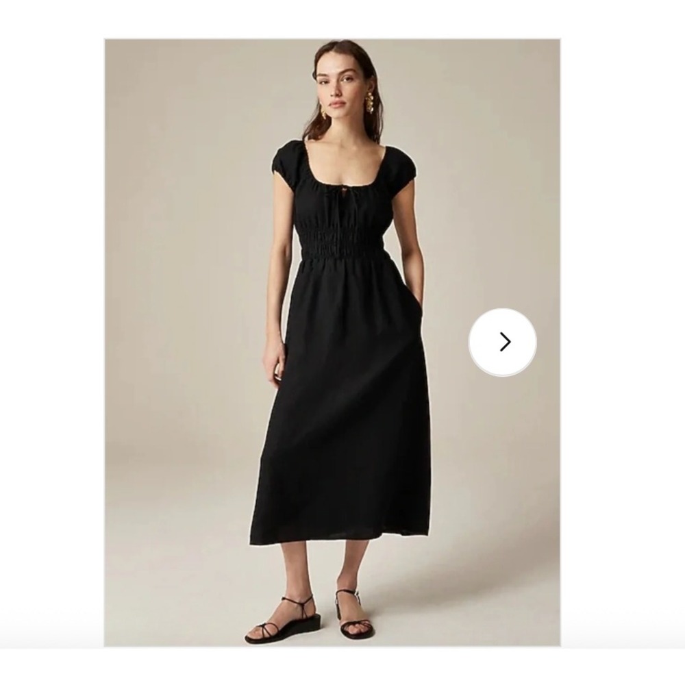 J.Crew 100% Linen Midi Dress M Black Smocked Empire Babydoll Classic Breathable